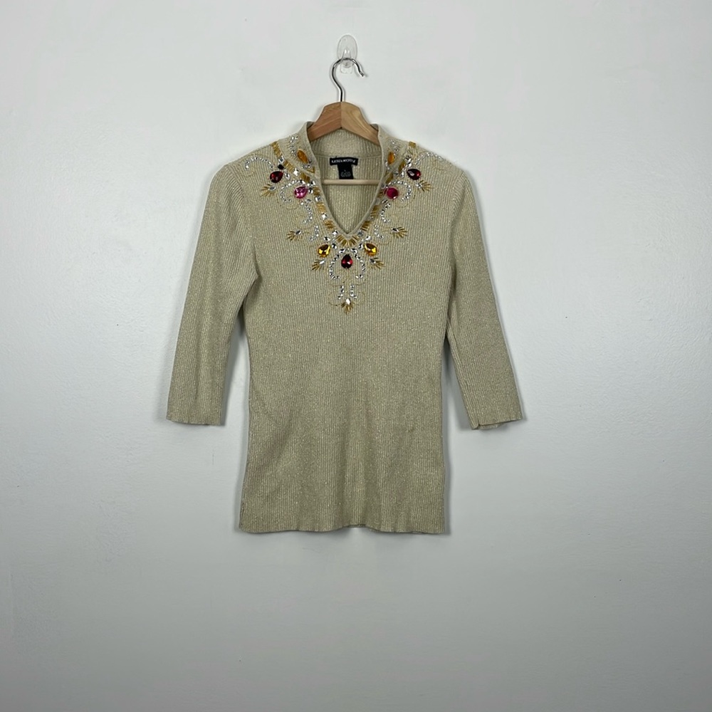 Lauren Michelle Womens L Sweater 3/4 Sleeve Pullover V Neck Embellished Knit Top